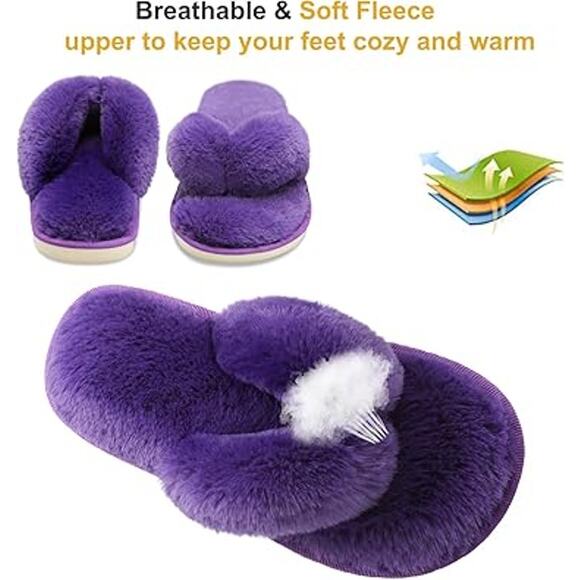 Joinfree Womens Large 9.5 Purple Fuzzy Thong Open Toe Flip Flop Slippers Shoes - Picture 2 of 7